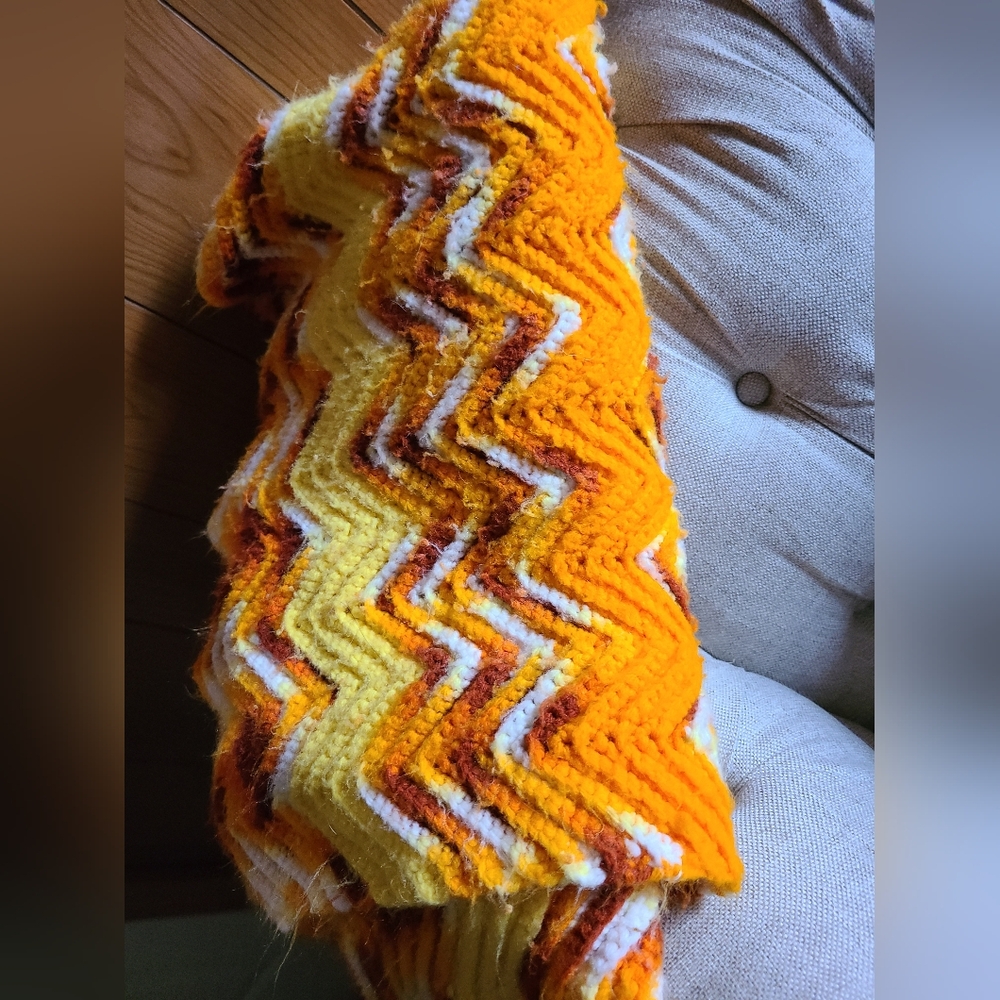 Vibrant Orange, Yellow, White Knit Blanket